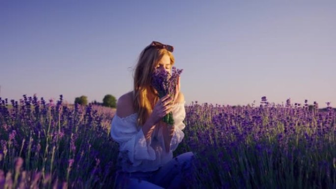 寻找内心的平静。女人在田园诗般的薰衣草田采摘薰衣草花