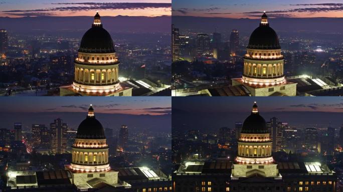 黄昏时分环绕犹他州国会大厦圆顶的航拍照片
