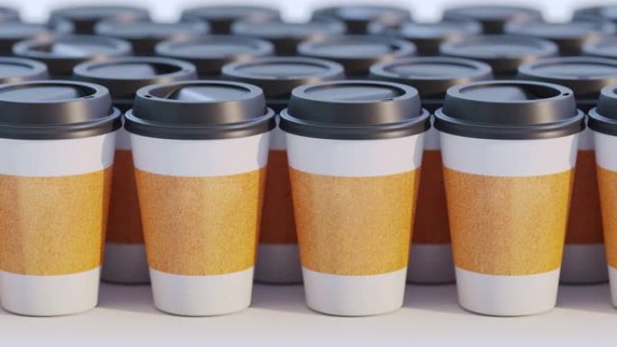 关闭咖啡、茶、热咖啡或任何其他饮料的杯子。一叠纸杯。为快餐店、咖啡店、咖啡馆提供许多杯子。慢动作