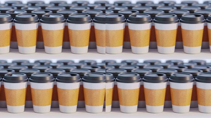 关闭咖啡、茶、热咖啡或任何其他饮料的杯子。一叠纸杯。为快餐店、咖啡店、咖啡馆提供许多杯子。慢动作