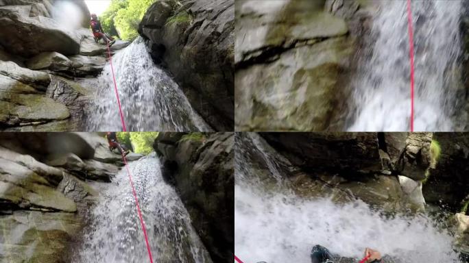 一名男性峡谷者沿着瀑布下降的第一人称视角