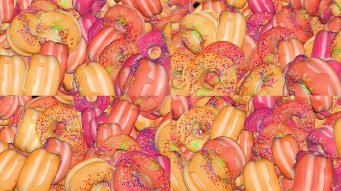 4k抽象动画循环背景洒甜甜甜圈、巧克力和白糖霜甜甜圈
