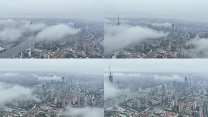 航拍广州珠江新城琶洲新区平流雾