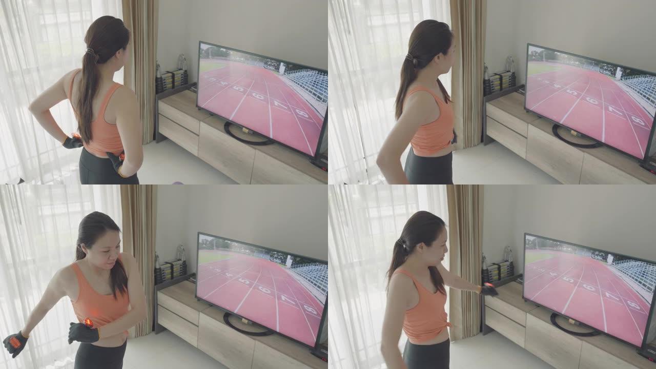 在虚拟轨道上跑步的女人。未来体育锻炼在线课堂健身房在家与虚拟现实体验。