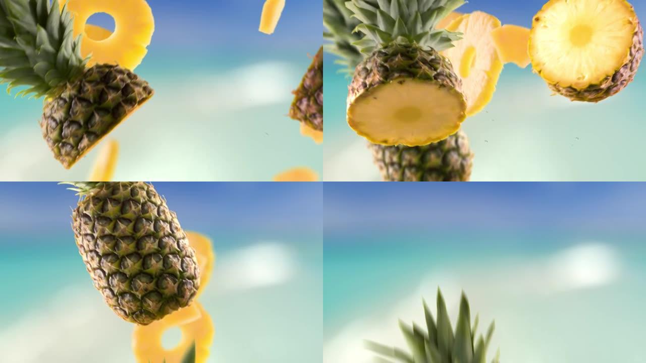 海滩背景中的菠萝和切片的飞行