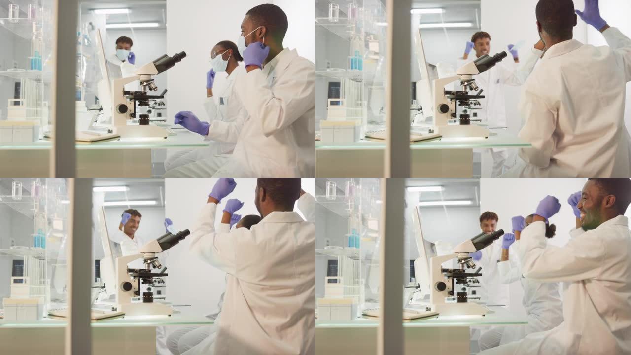 非洲科学家忙于工作。，摘下面具。未来主义的现代实验室