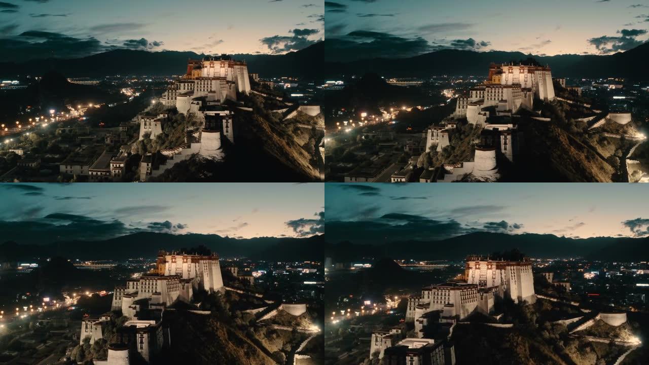 鸟瞰日落时的布达拉宫，西藏，中国。