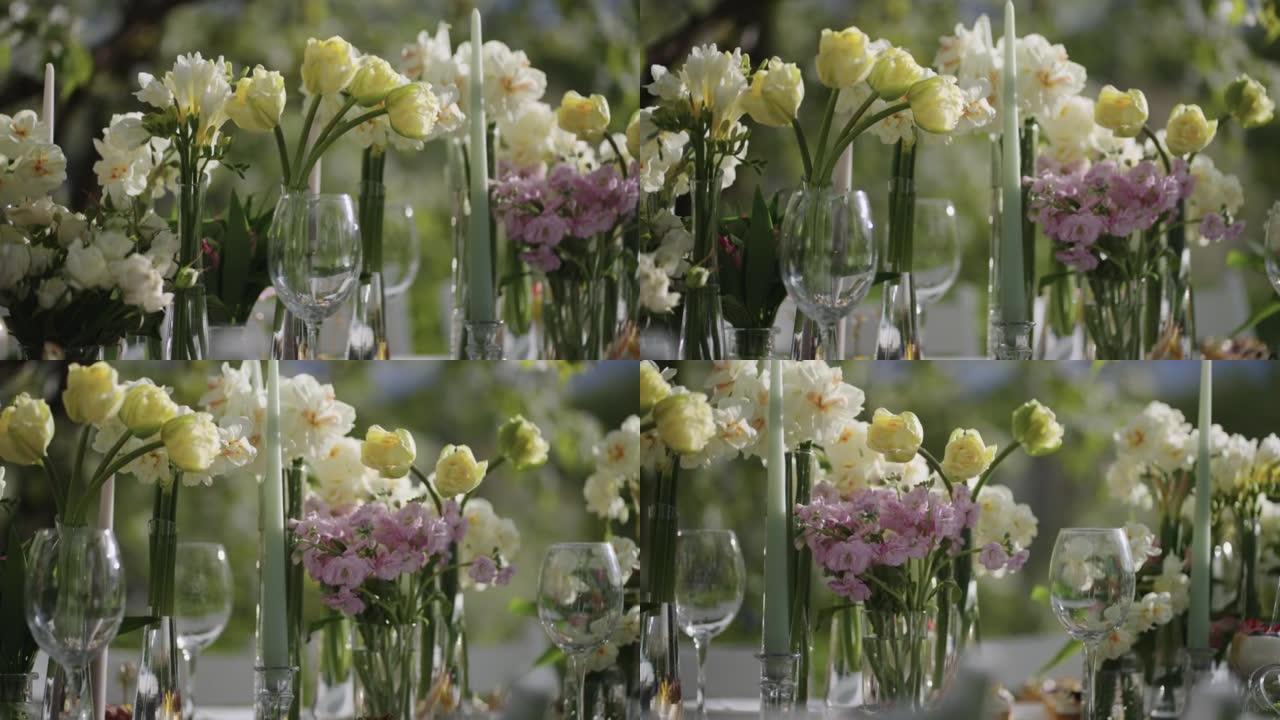 盛开的花园，浪漫美丽的氛围，盛宴日餐桌上的花卉装饰
