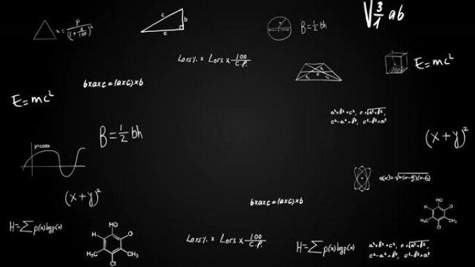 数学方程和公式在距离循环背景动画中飞行和消失