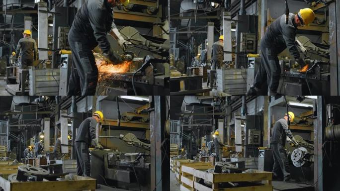 铸造厂的DS男工人通过对金属铸件进行加工