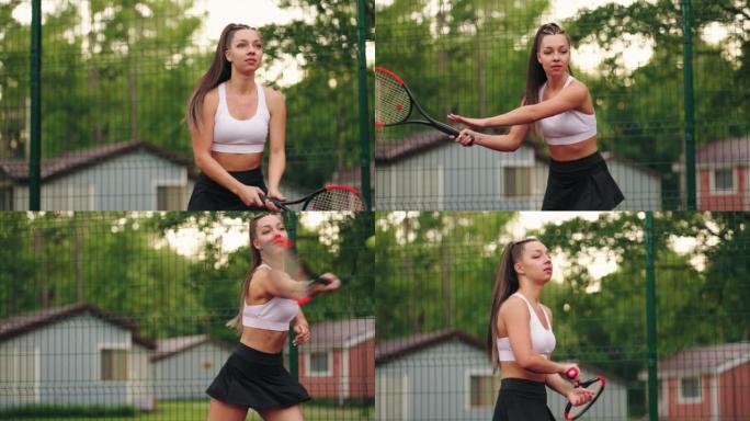 女子初学者网球运动员夏季在球场上训练，慢动作射击