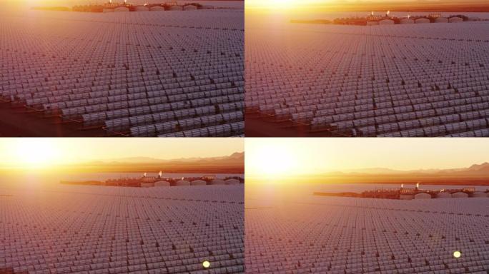 金色的早晨阳光照耀着抛物线槽太阳能发电厂