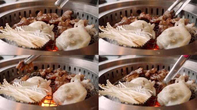 日式烤肉，烤肉和海鲜木炭烧烤。
