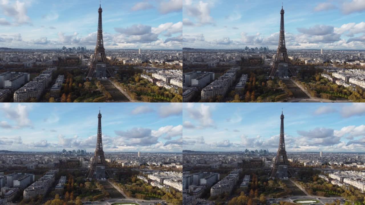 秋天从战神广场 (Champ de Mars) 拍摄的Elfel塔的无人机视图。