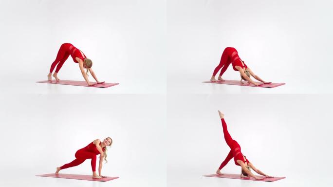 年轻迷人的女孩练习瑜伽，孤立在白色背景的红色运动服。健康生活和身体与心理发展之间自然平衡的概念。全长