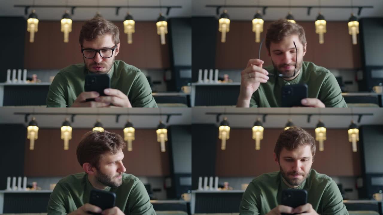 男人正在用智能手机阅读坏消息，放下眼镜和摇摇头，失败者的肖像