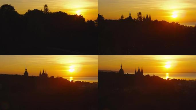 尼古拉·哥白尼博物馆剪影的鸟瞰图。弗罗姆博克海岸上空的日落