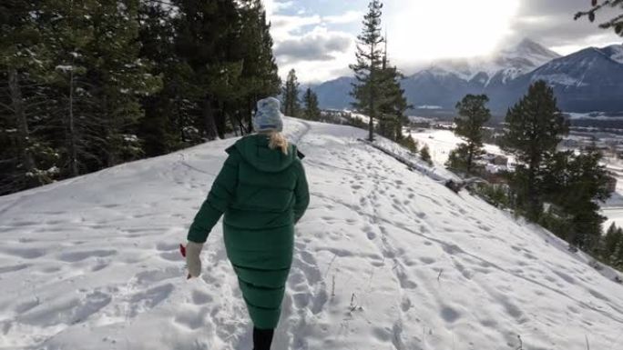女人在冬季风景中穿越雪中时的第一视角