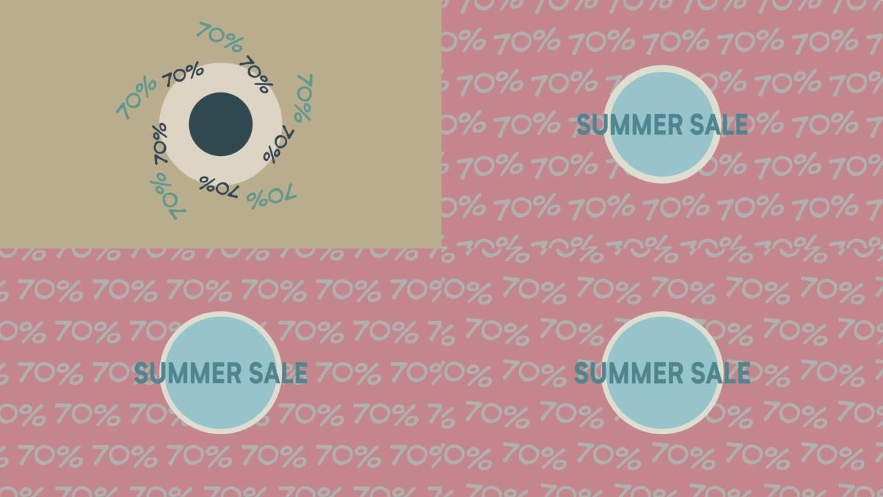 商品广告折扣的动画。夏季销售70%