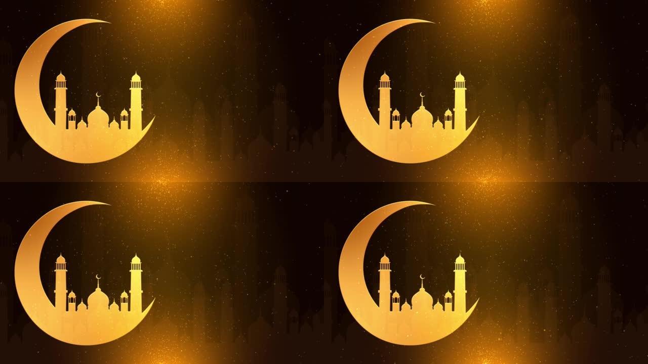 开斋节穆巴拉克动画运动图形，月亮和清真寺，伊斯兰绿色曼荼罗背景。