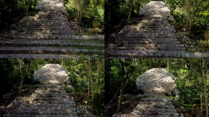 空中无人机拍摄了森林中的古代石阶