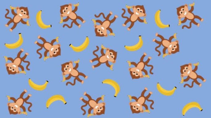 几只猴子在蓝绿背景上随意移动香蕉-动画