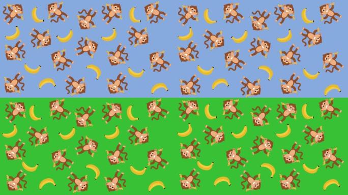 几只猴子在蓝绿背景上随意移动香蕉-动画