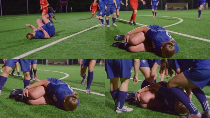 SLO MO TS女足球运动员在被对手绊倒后摔倒
