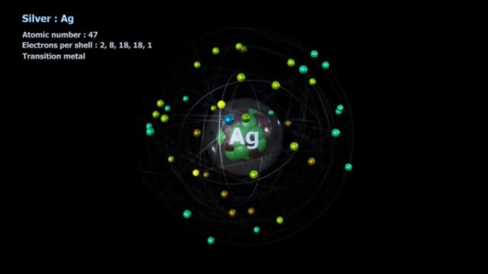 具有47个电子的银原子在黑色上无限轨道旋转
