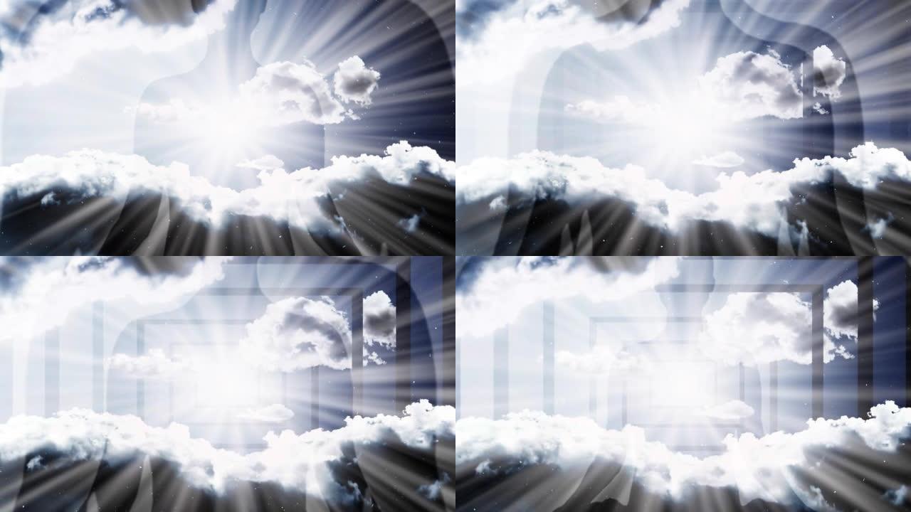 天空中荷花位置的人的剪影，在明亮的光线中带有矩形形式的入口。冥想概念，开放的心态。具有视差效果的4k
