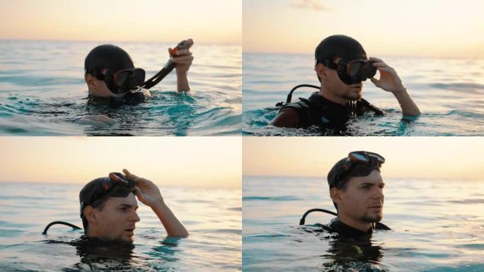 日落时从水中浮出水面的潜水员的特写镜头