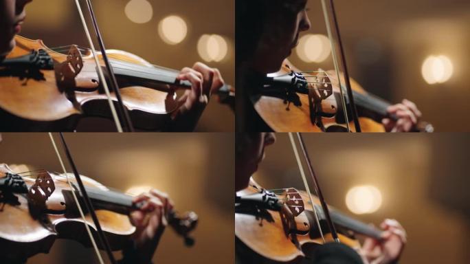 女演奏者，歌剧院女小提琴家手中的小提琴特写镜头，经典音乐音乐会