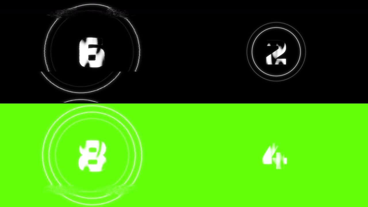 倒计时时钟数字板面板计时器计数器绿色屏幕循环动画背景。