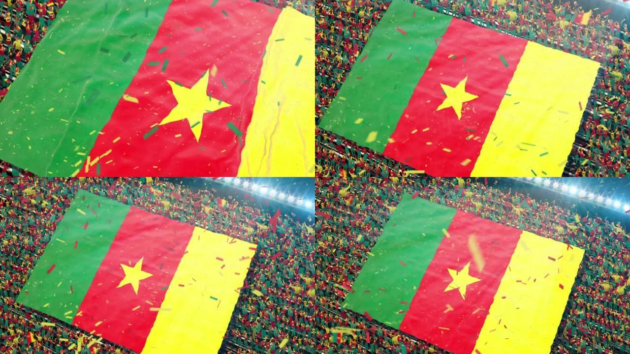 体育场看台上的喀麦隆国旗。激动的足球迷