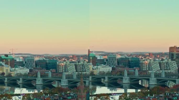 马萨诸塞州剑桥市，日出时从笔架山上空-垂直天线