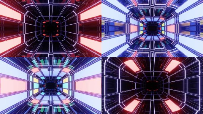 4k无缝循环动画。飞过霓虹灯图案、科幻发光图案的镜像对称隧道。明亮的反射霓虹灯。简单明亮的背景，科幻
