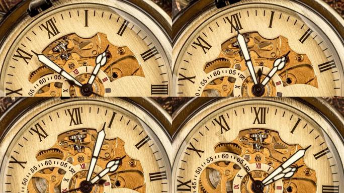 时间的螺旋时钟轨迹。古董钟盘特写。复古怀表。