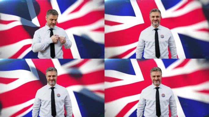 快乐的英国政客戴着投票按钮微笑，国旗背景，选举