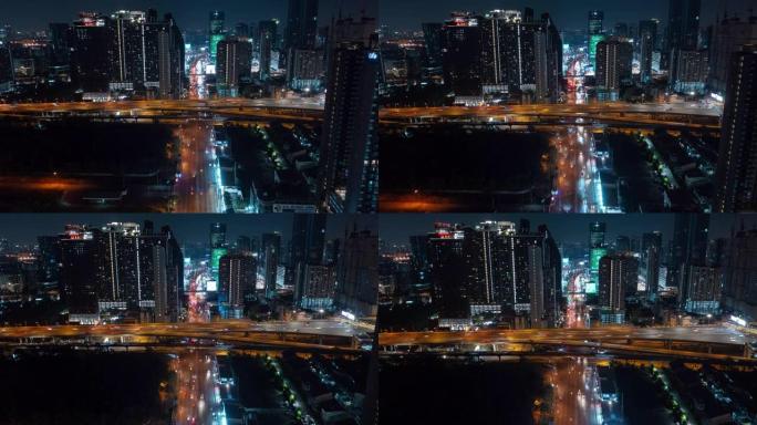 夜间照明曼谷城市景观市中心交通街河边空中全景4k延时泰国