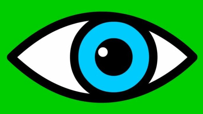 动画蓝眼睛关闭。眨眼。线性图标。循环视频。绿色背景上的矢量插图。