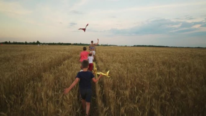 孩子和爸爸在金色麦田放风筝，小男孩在爸爸后面跑，后视