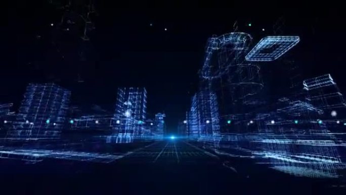 具有许多水晶建筑背景的科幻虚拟城市的全息3d环。