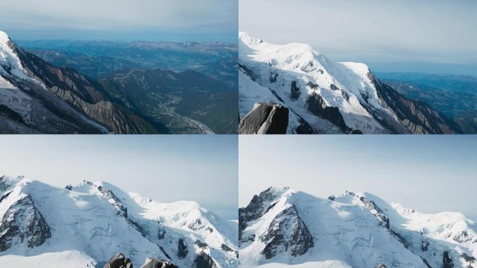 勃朗峰峰会全景。冰山和雪覆盖的尖峰
