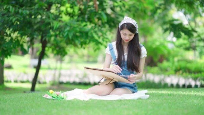 迷人的年轻漂亮女孩的肖像坐在公共花园中，在夏季绘画或绘画。绿色春天公园的灵感。假期中的艺术和放松