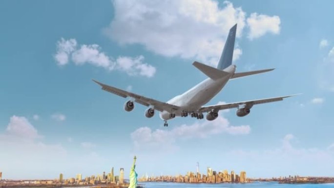 飞行和降落美国纽约自由女神像的客机。飞机概念