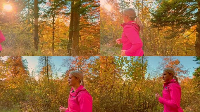 SLO MO TS女人在阳光明媚的秋天森林中奔跑
