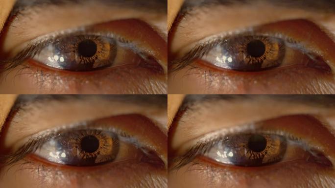 一个亚洲印度人眨眼的SLO MO LD棕色眼睛