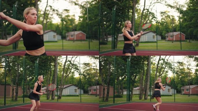 运动女子正在打网球，用球拍击球，慢动作射击，训练和锻炼