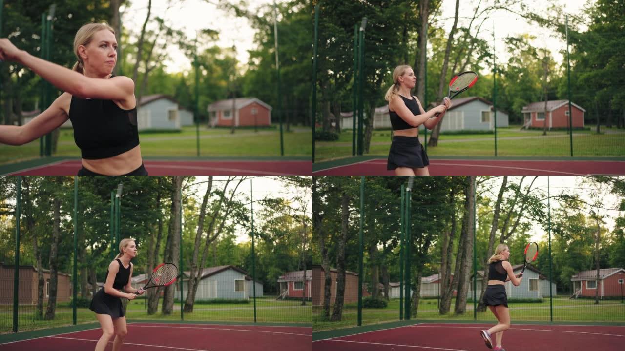 运动女子正在打网球，用球拍击球，慢动作射击，训练和锻炼