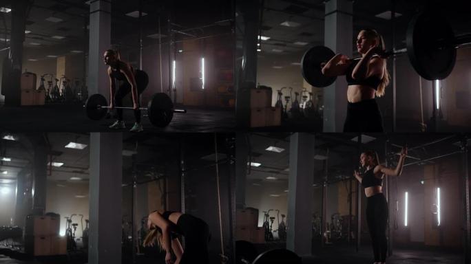 强壮的女性运动员，肌肉发达的身体举重，用杠铃锻炼。女性在健身房用哑铃做运动